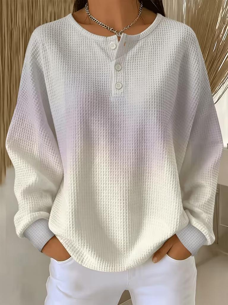 Pullover waffle da donna alla moda con stampa integrale, adatto per l'abbigliamento casual autunnale, top alla moda con mezza abbottonatura, lavabile in lavatrice