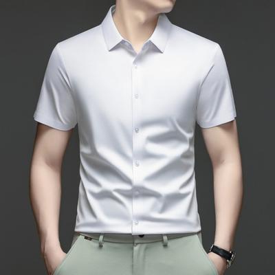 Men's White Ice Silk Seamless Short Sleeve Dress Shirt For Business And Casual Wear