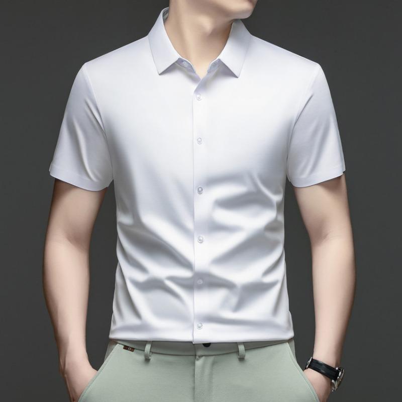 Men's White Ice Silk Seamless Short Sleeve Dress Shirt For Business And Casual Wear