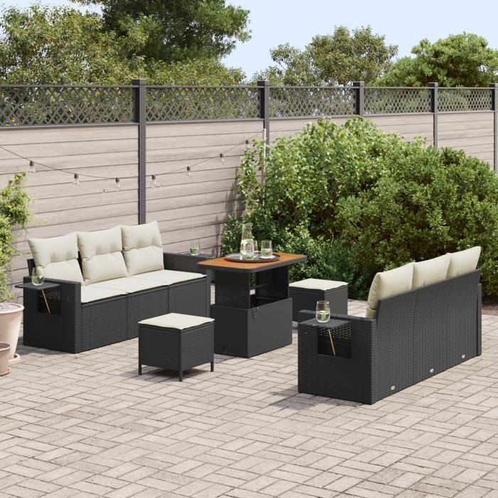 Ensemble de Canapé de Jardin de 9 Pièces avec Coussins Noir Rattan Poly Acacia, Ensemble de Salle à Manger de Jardin 3 3361700