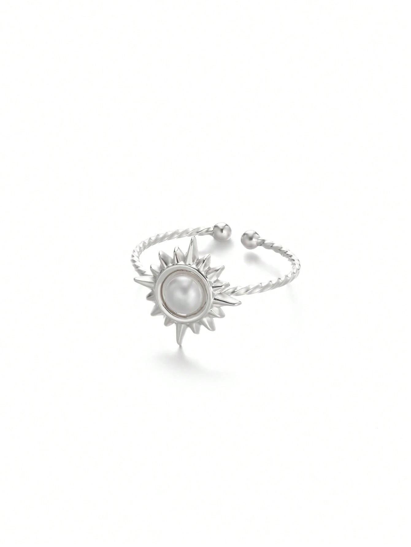 Exquisiter Eleganter Perlen-Sonnen-Offener Ring Für Frauen Verstellbar Falsche Perle Edelstahlring Hochzeit Täglicher Schmuck Geschenk resizable gray