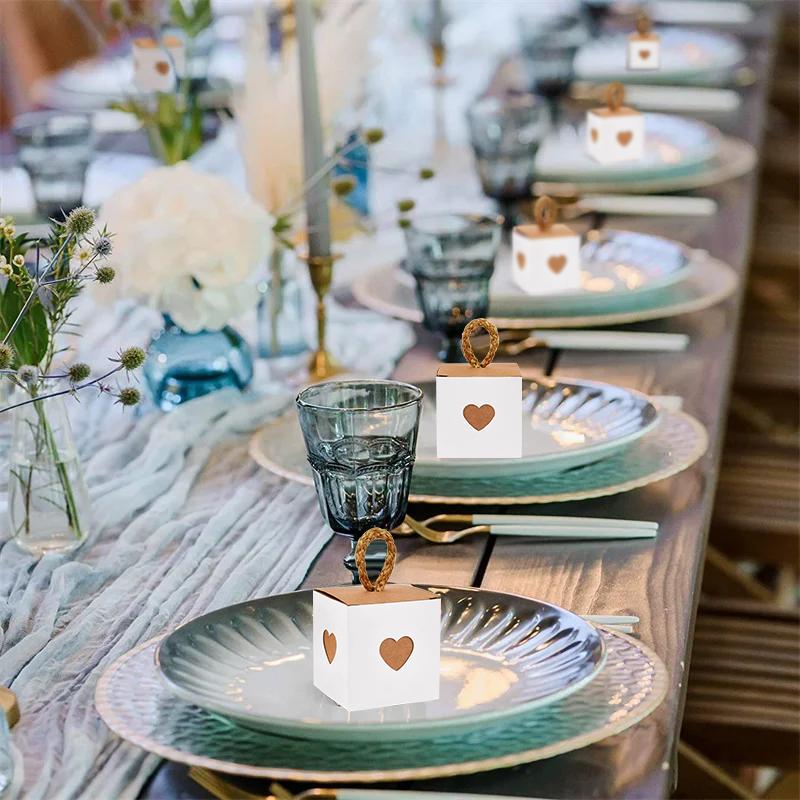 10/50pcs White Brown Heart Candy Gift Boxes Wedding Favors for Guests Birthday Party Baby Shower Chocolate Cookie Packaging Box