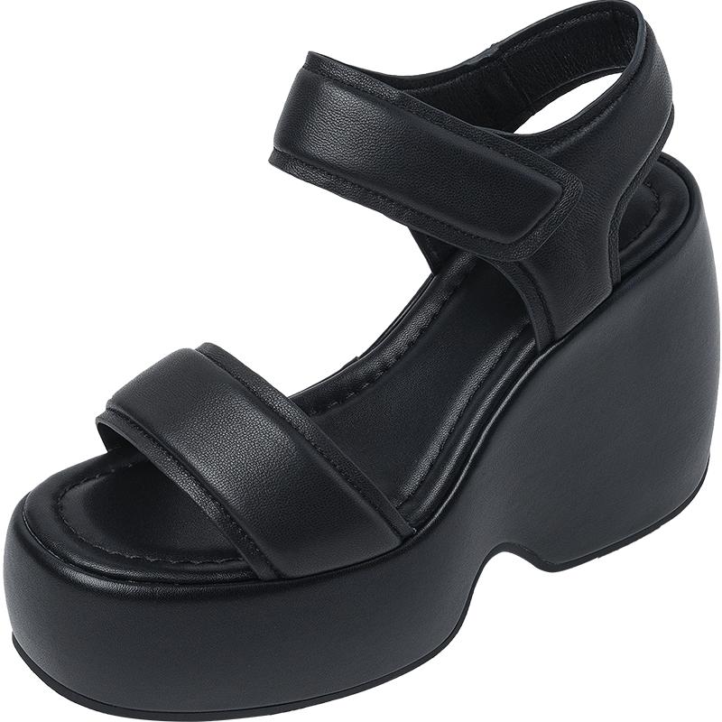 

Krazing Pot Летние туфли на толстом высоком каблуке и платформе из овчины с открытым носком, повседневные непромокаемые женские сандалии на липучке 40 чёрный