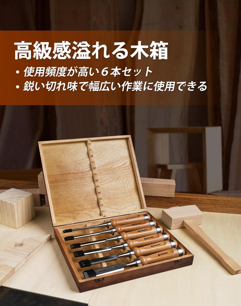 EZARC 6-Piece Woodworking Chisel Set, 6/10/12/16/20/25mm, Excellent Sharpness, Professional Grade, Beechwood Handle, Carpentry Tools, Wooden Box
