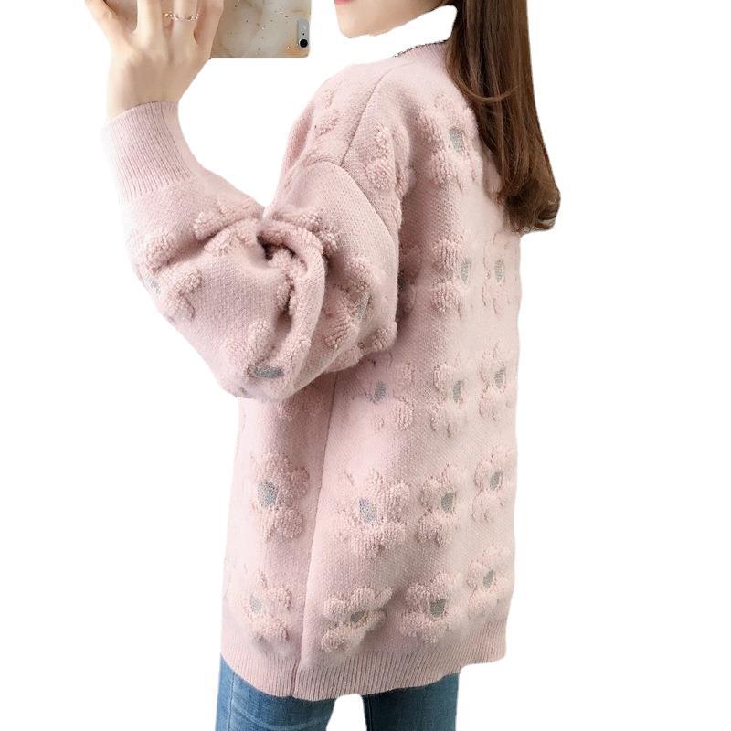 Knitted Cardigan Women's Contrast Color Loose Outer Wear Towel Embroidered Hook Flower Sweater Women's Jacket