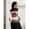 Y2K Streetwear V-neck Bustier T-shirt, Retro Two Tone Racing Uniform Style, Badge Printing with Letters and Numbers