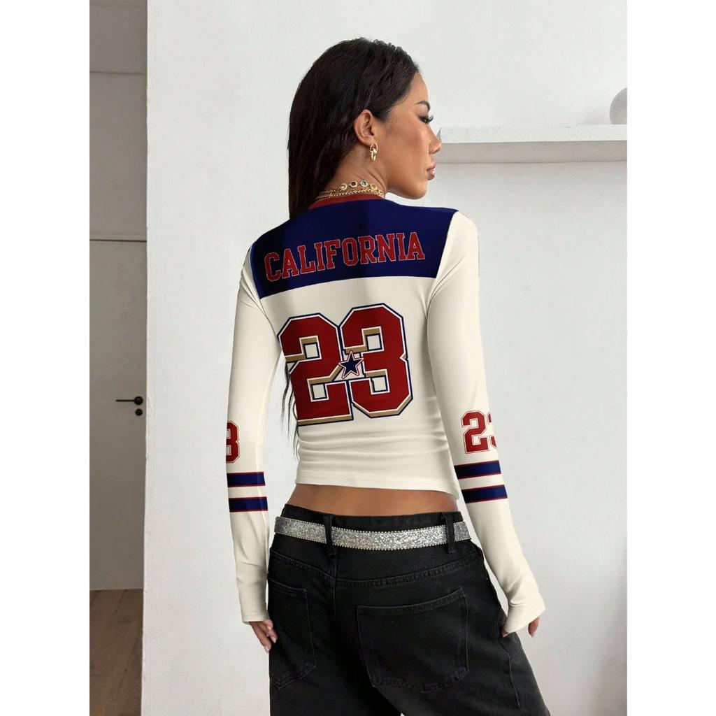 Y2K Streetwear V-neck Bustier T-shirt, Retro Two Tone Racing Uniform Style, Badge Printing with Letters and Numbers