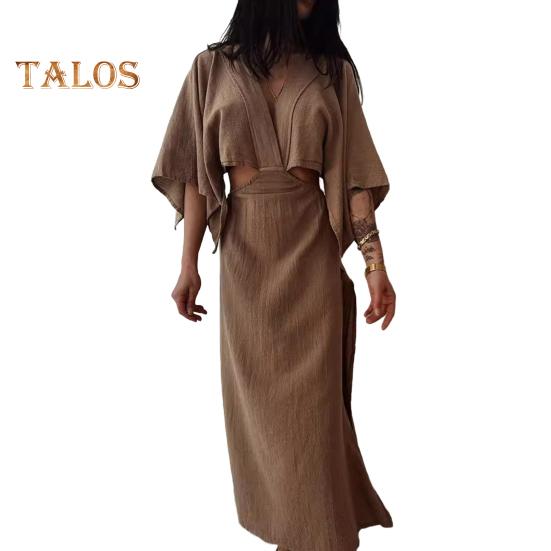 Women's V Neck Maxi Dress Sexy Hollow Out Short Sleeve Bodycon Split Dress Summer Cotton Linen Long Dress for Beach Vacation