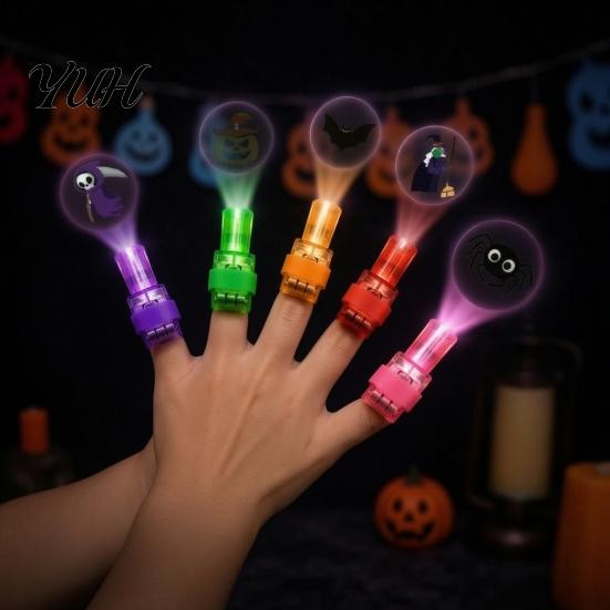 Plastic Projection Flashlight Halloween Finger Projector Light with Pumpkin Ghost Bat Patterns, Glowing Ring Toy for Kids, Spooky Party Prop LED Lamp