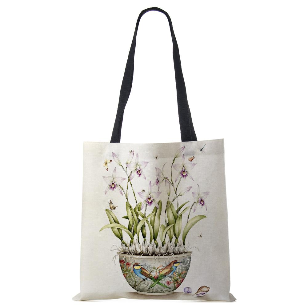 Plant Flowers Shopping Tote Bag Women Canvas Print Shoulder Bag Reusable Harajuku Large Capacity Travel School Handbag CLE