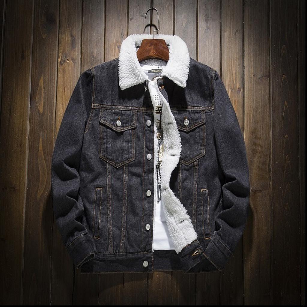 Men's Autumn Winter Add Wool Casual Vintage Wash Distressed Denim Jacket Coat