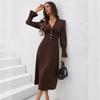 Women's Brown V-Neck Long Sleeve Dress with Ruffled Collar and Cuffs