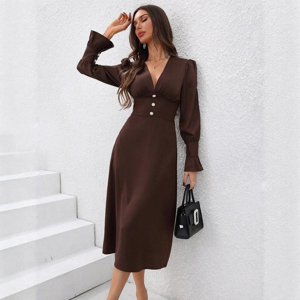 Women's Brown V-Neck Long Sleeve Dress with Ruffled Collar and Cuffs