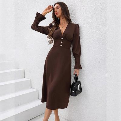 Women's Brown V-Neck Long Sleeve Dress with Ruffled Collar and Cuffs