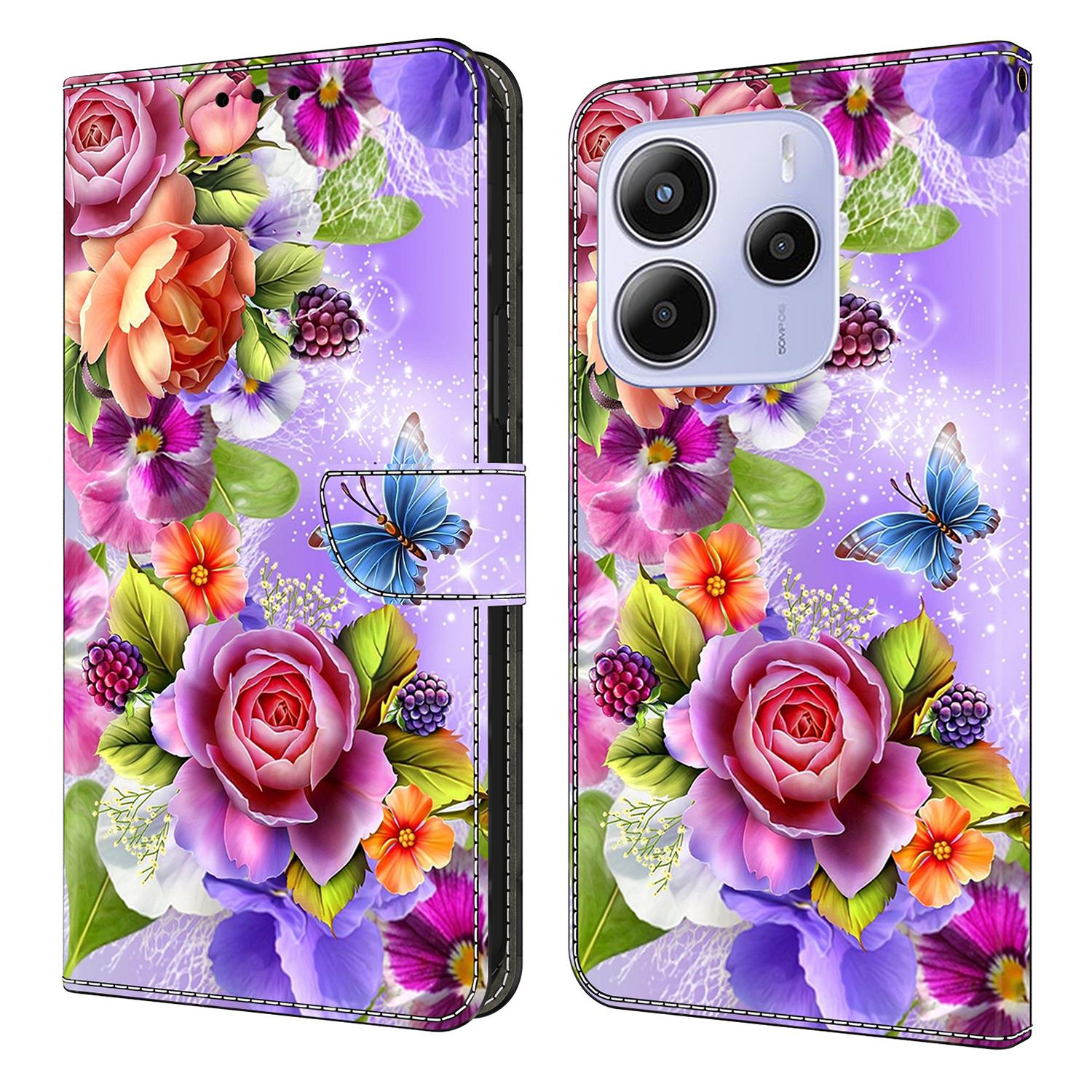 

For Xiaomi Redmi Note 14 4G (164.84mm) Wallet Case Pattern Printing PU Leather Flip Stand Phone Cover Flowers