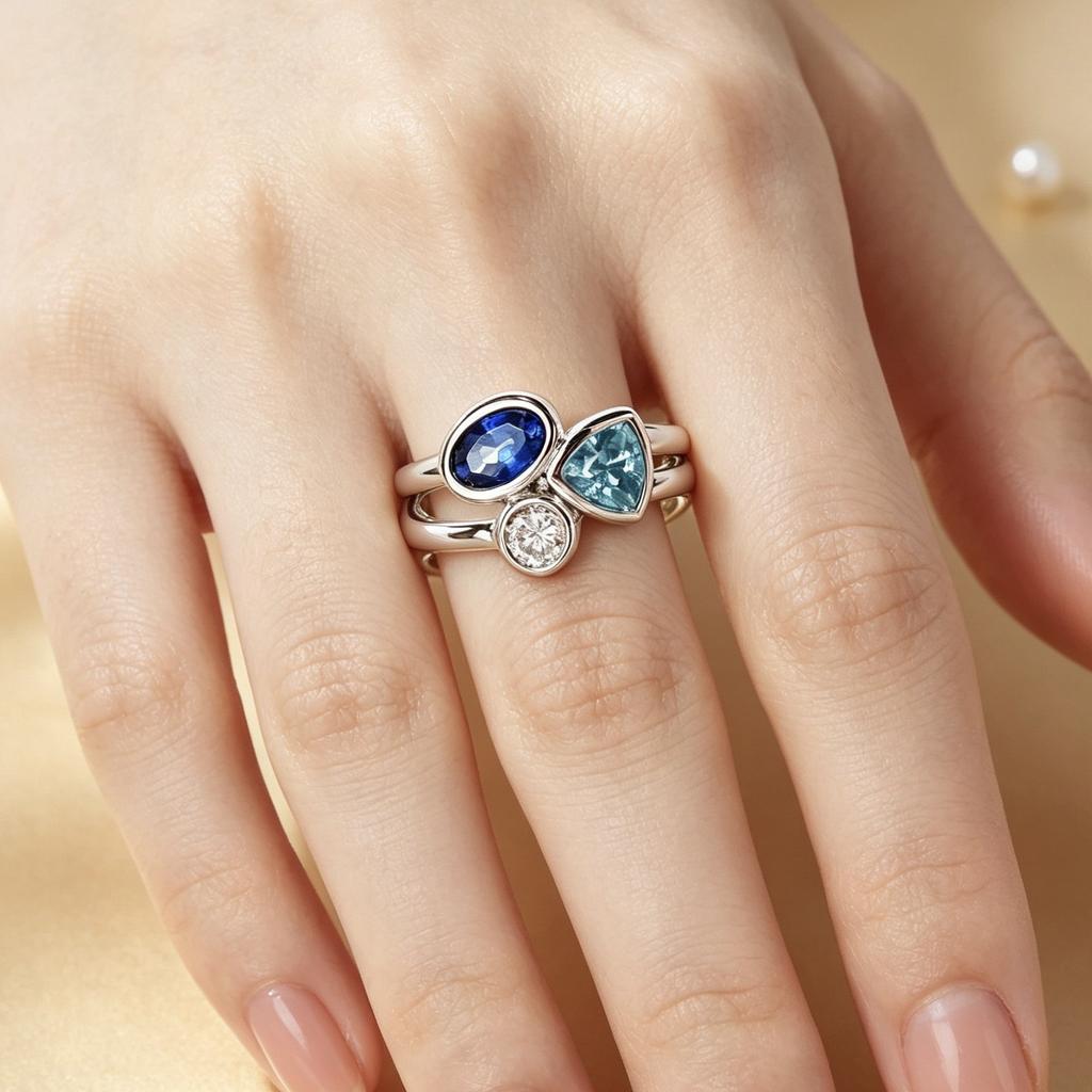 Fashionable European and American Irregular Three-color Stone Date Ring for Women