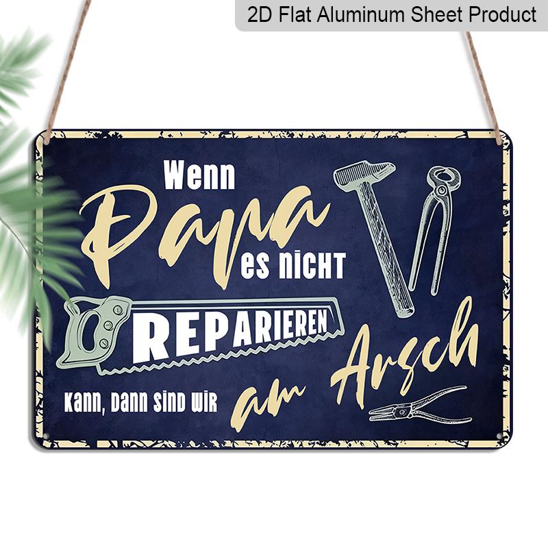 2D Flat, 1pc Wenn Papa Es Nicht Reparieren Kann Funny German Aluminum Sign, 12 ×8 - Retro Blue Tool Design - Aluminium Wall Hanging for Garage 20*30cm
