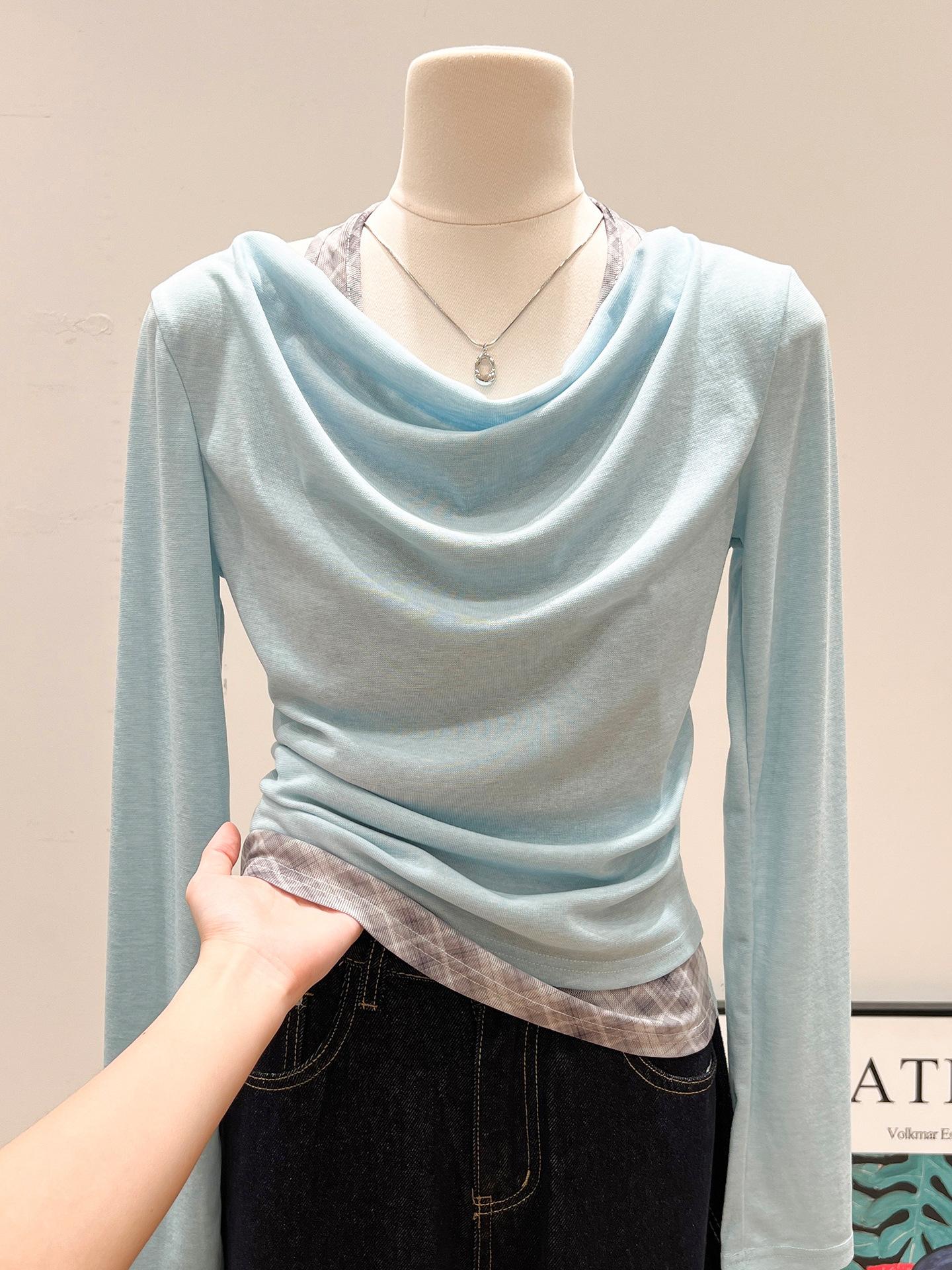 

Korean white swinging collar fake two-piece neck off-the-shoulder long-sleeved T-shirt women s spring new slim-fit bottoming top L морська хвиля