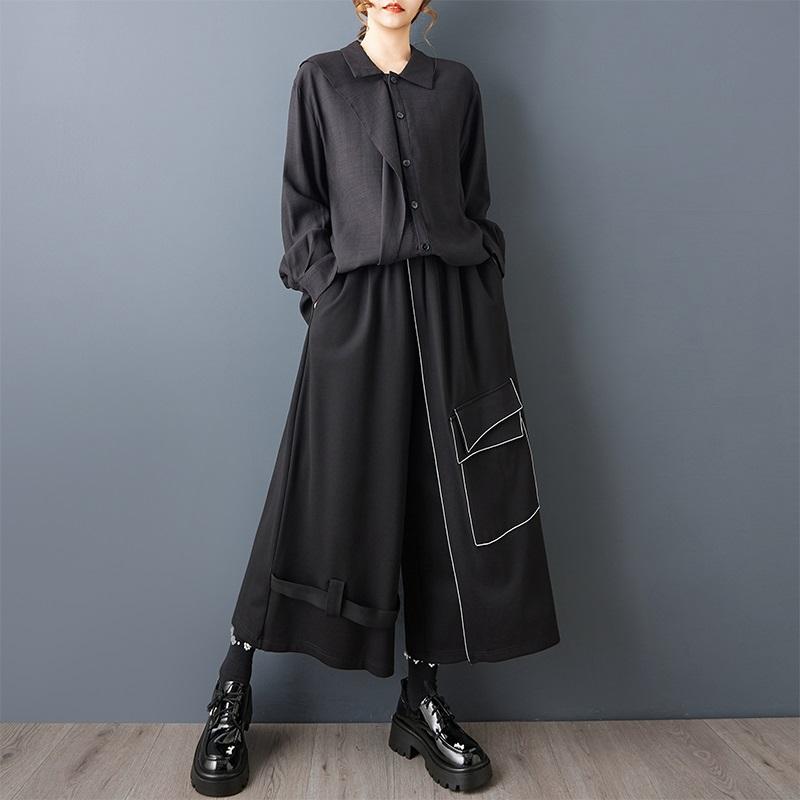 

Черные брюки больших размеров Весна Осень с высокой талией и широкими штанинами Женские свободные повседневные брюки