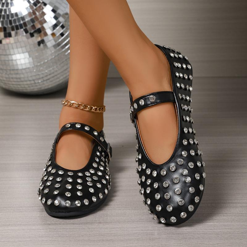 Luxury Crystal Rhinestone Fishnet Ballet Flats Woman Brand Design Rivet Studs Mesh Mary Jane Shoes Ladies Summer Cut Out Loafers