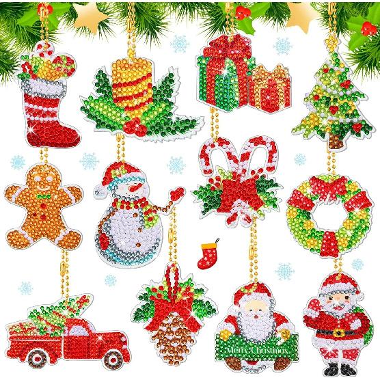 12pcs/Set DIY Diamond Painting Christmas Keychains Double Sided Crystal Rhinestones Key Chains Diamond Art Christmas Ornaments