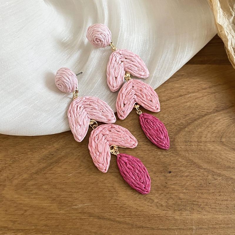 Silver Needle Pink Chiffon Flower Fringed Stud Earrings Small Fresh and Sweet Vacation Style Earrings Light Luxury High-end Earrings Women