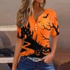 Women’s Casual Halloween Printed V Neck Short Sleeve Button T Shirt Top with and Pumpkin Pattern for Holiday Wear