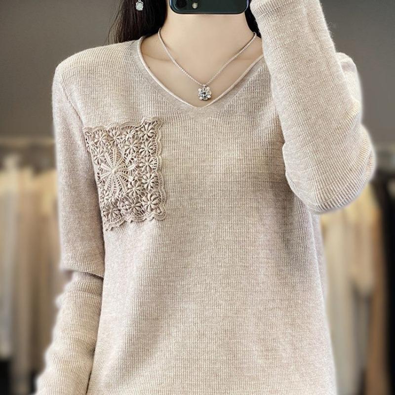 Autumn and winter new V-tie hook flower long-sleeved knitted sweater women's top fashion versatile bottoming shirt jacket
