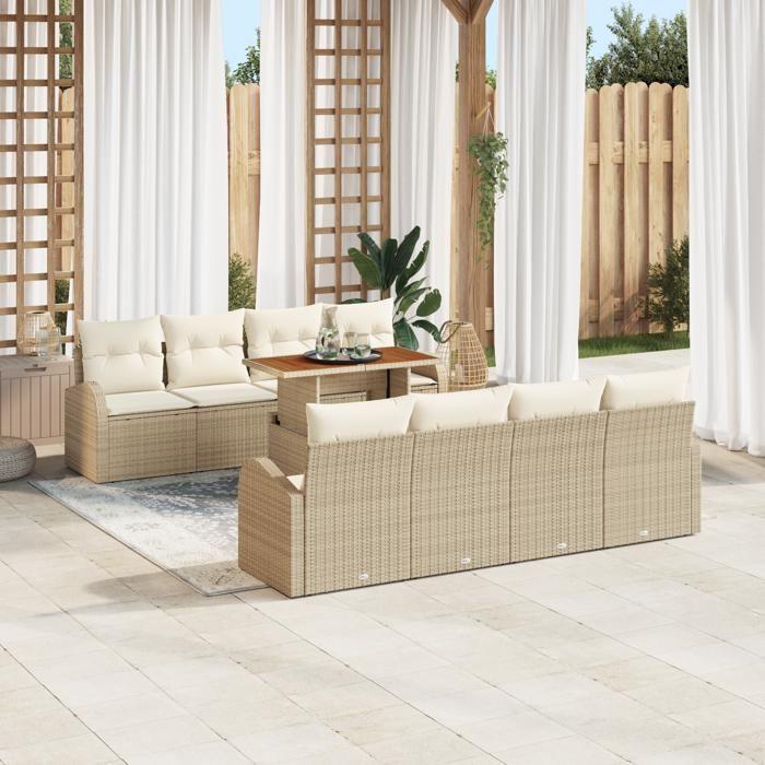 VidaXL Ensemble salle à manger jardin 9 pièces coussins Beige Poly Rotin Acacia 3349560