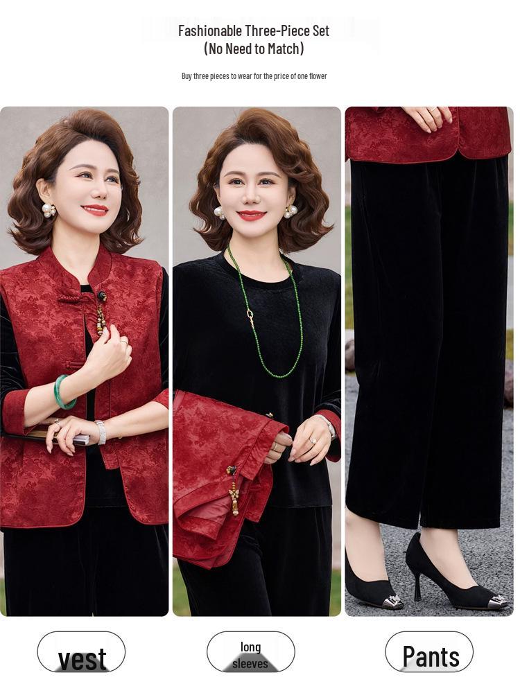 Chinese Style Gold Velvet Plus Size Set for Middle-Aged & Elderly Women - Spring & Autumn Vest for Mother-in-Law Wedding Banquet