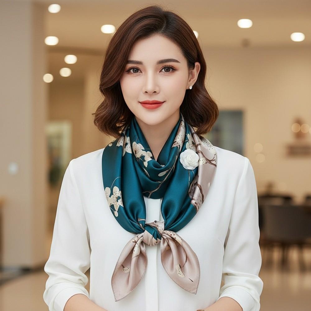 90*90cm Hijab Scarf Floral Pattern Neckerchief Simple Silk Square Scarf