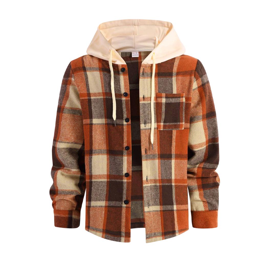 Men's Hooded Plaid Shirt Casual Loose Fit Jacket for Fall and Winter