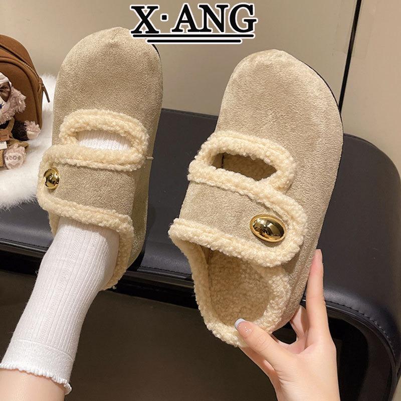 Cowhide Version Velvet Warm Lamb Wool Shoes Cotton Shoes Autumn and Winter New Thick-soled Bag Head Slippers