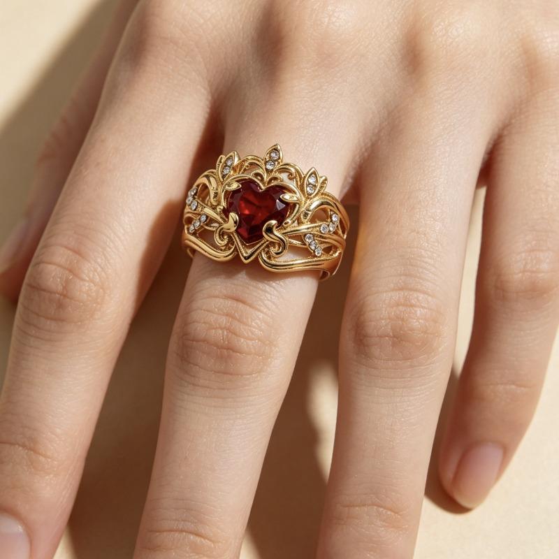 Nuovo Anello d'Oro con Zircone Rosso a Forma di Cuore Gioiello per Donne