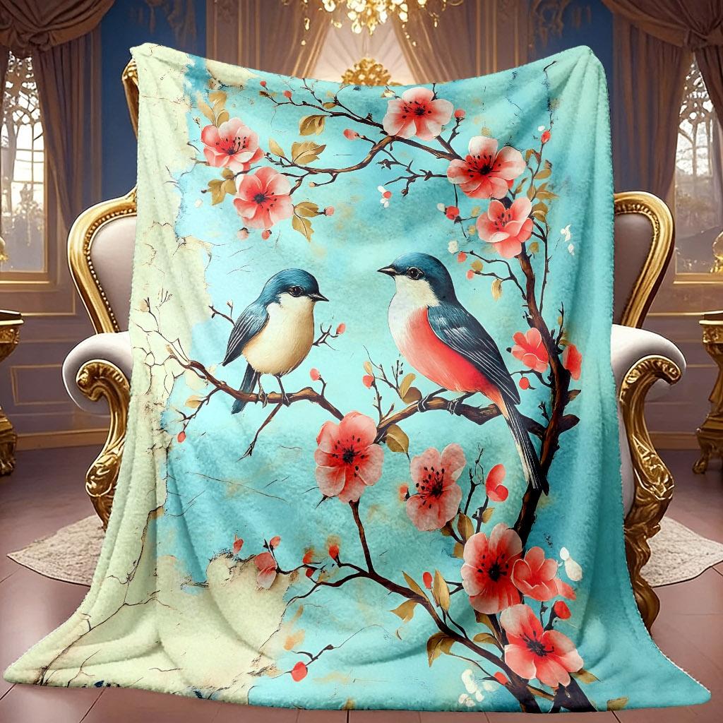 1pc 2D Branch Flower Bird Theme Pattern Flannel Blanket, Soft HD Digital Print, Cooling Blanket All-Season Use! Soft And Breathable 100% Polyester Fib