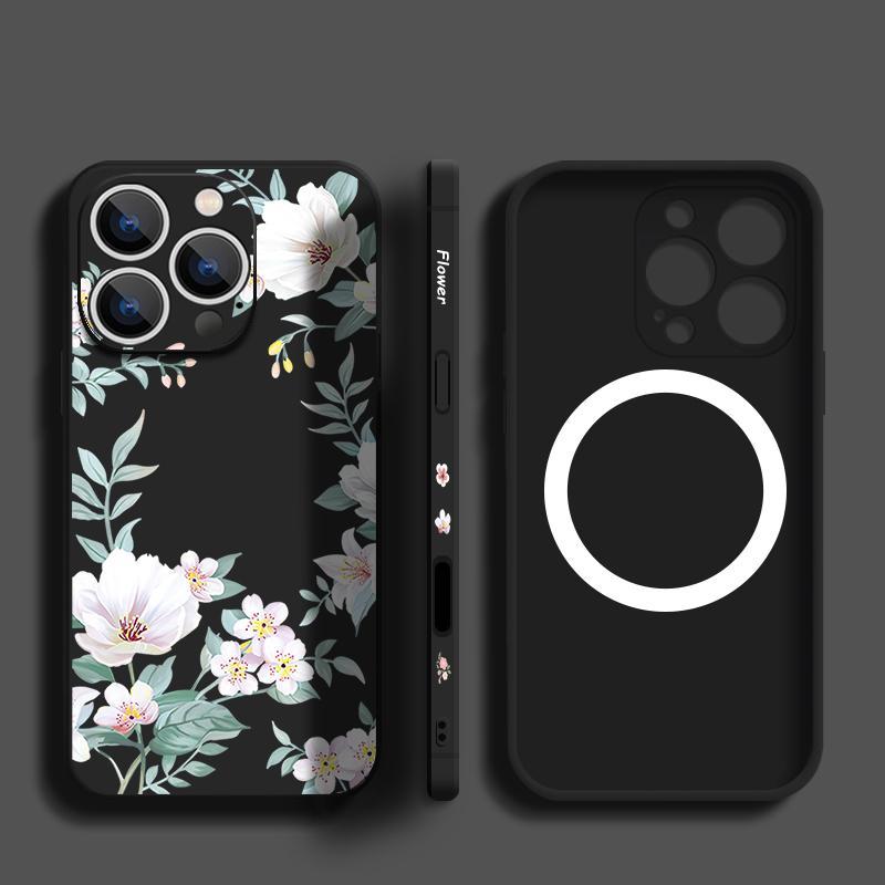 Magnetic For Magsafe Black-white Flower Case For iPhone 16 Pro Max Coque iPhone 15 Pro Max 14 13 11 17 Built-in Metal Plate Case