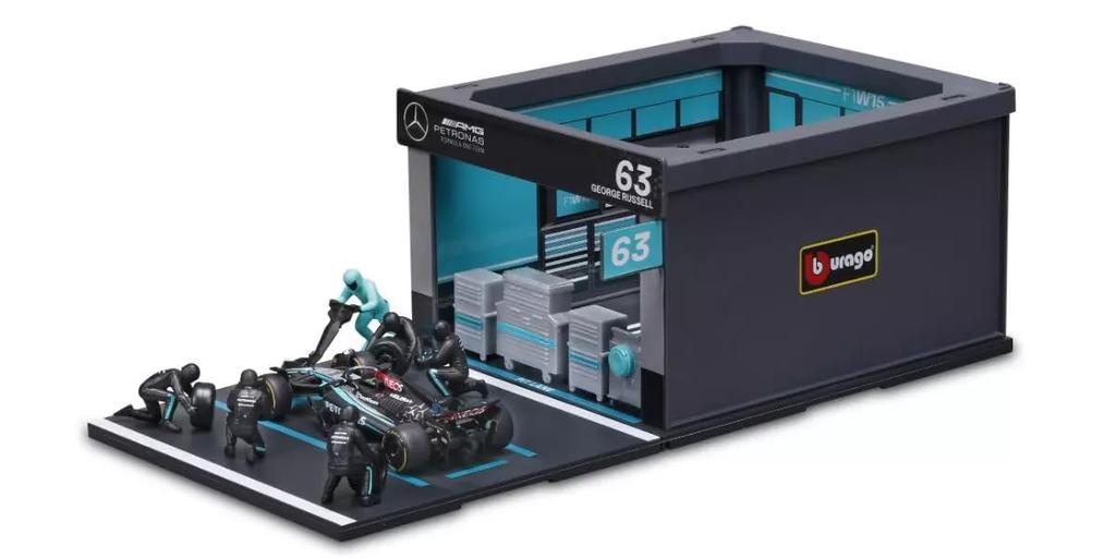 Kyosho BURAGO Petronas F1 Team PIT PASS Set W15 Russell X Paddock BUR38452R 1/43 Mercedes-AMG No.63 G. (Crew 6pcs, Garage)