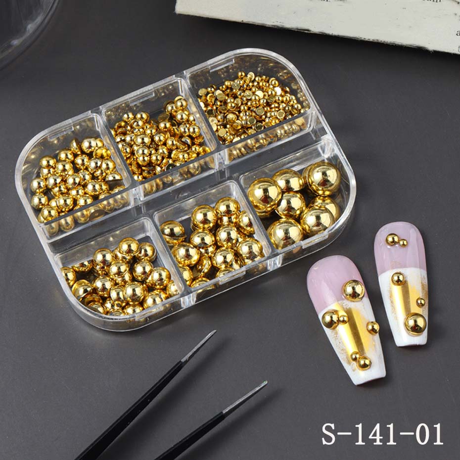 Xiaomi 6 Grids Mixed Size Golden Silvery Semicircle Pearls Nail Art Charms Punk Gothic Design Japanese Nail Art Decoration Nail Supplie