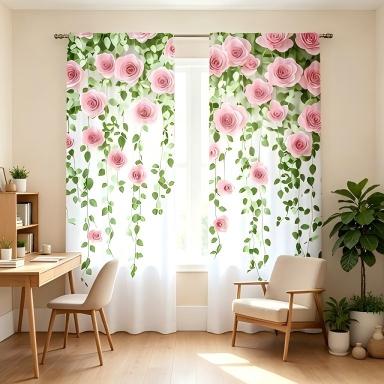 2PCS Digital Printed Curtains, Green Leaves Pink Rose Botanical Floral, Window Curtains for Living Room Bedroom Home Decoration
