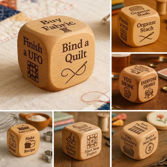 1/2/3/5/6/8Pcs Wooden Quilter Dice with 6 Engraved Quilting Tasks Solid Wood Quilting Embroidery Knitting Projects Baking Drinking Decision Dice Tools