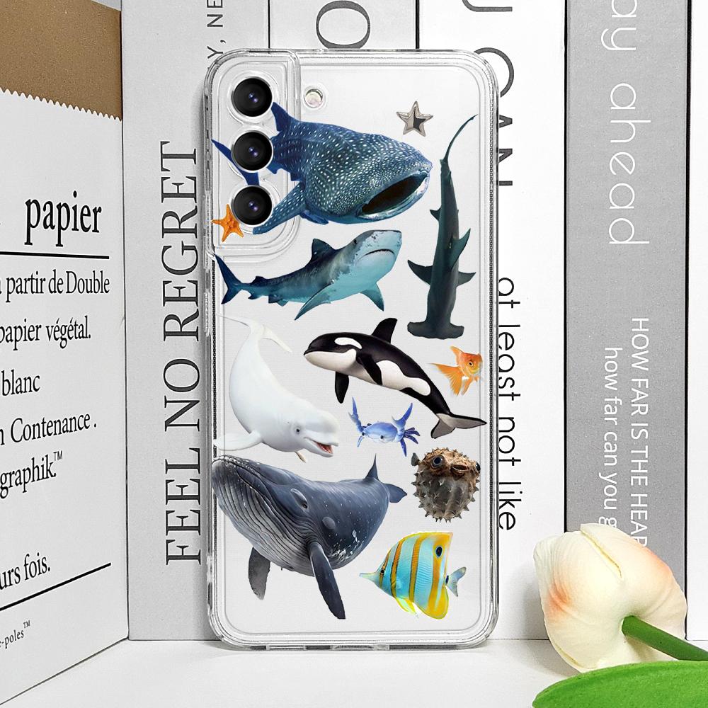 Coque de téléphone souple transparente pour Samsung Galaxy A55 A54 A53 A51 A70 A32 A31 A22 13 A52 5G Animaux de l'océan d'été Requin Dauphin Poisson Housse