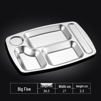 Thickened 304 Stainless Steel 5-Compartment Divided Lunch Tray