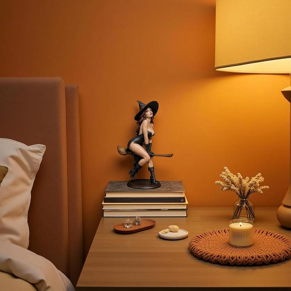 Estátua de bruxa sexy de Halloween com estante de livros