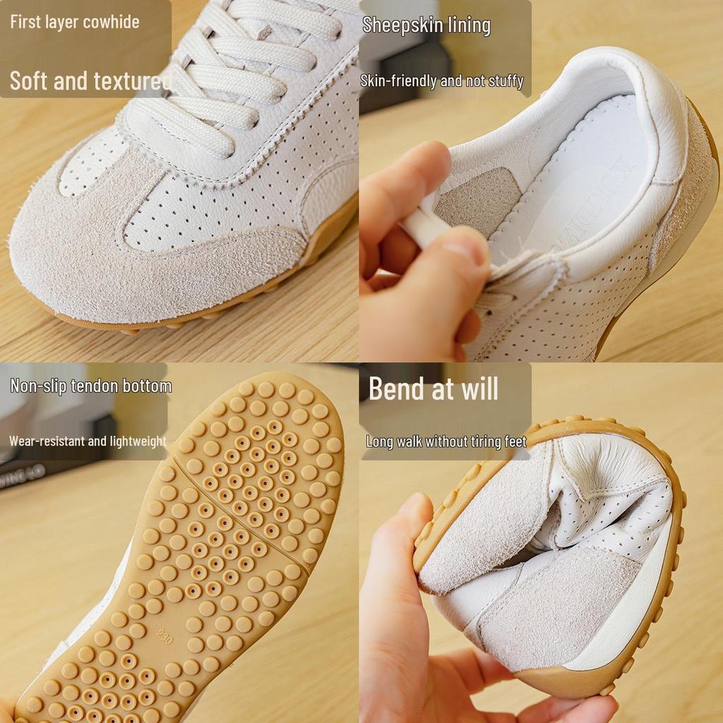 Women's Summer Cowhide German Training Shoes - Breathable, Comfortable, Lace-up, Soft Sole, Versatile Casual Sports Sneakers