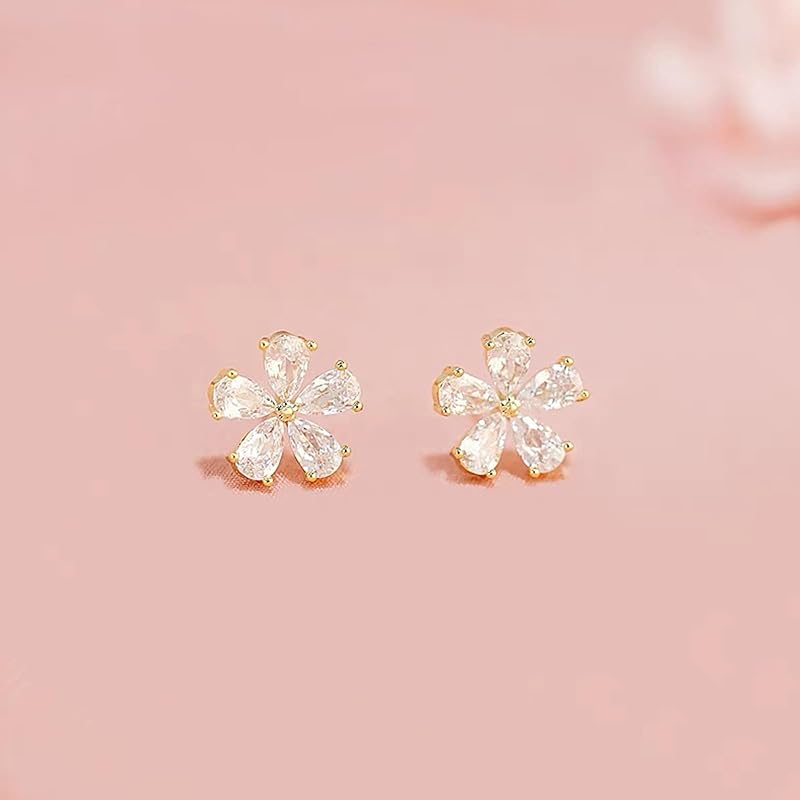 Cherry Blossoms Earrings Ladies Popularity Compatible with Metal Allergies Zirconia Flower Stud Leave It On Gold Celebration Day Birthday Wedding