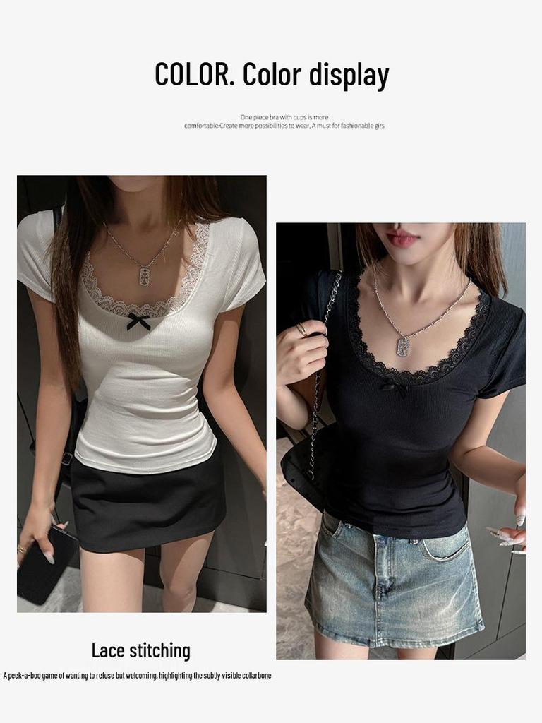Women's Slimming Lace Trim Short Sleeve T-shirt - Korean Style Summer Base Layer
