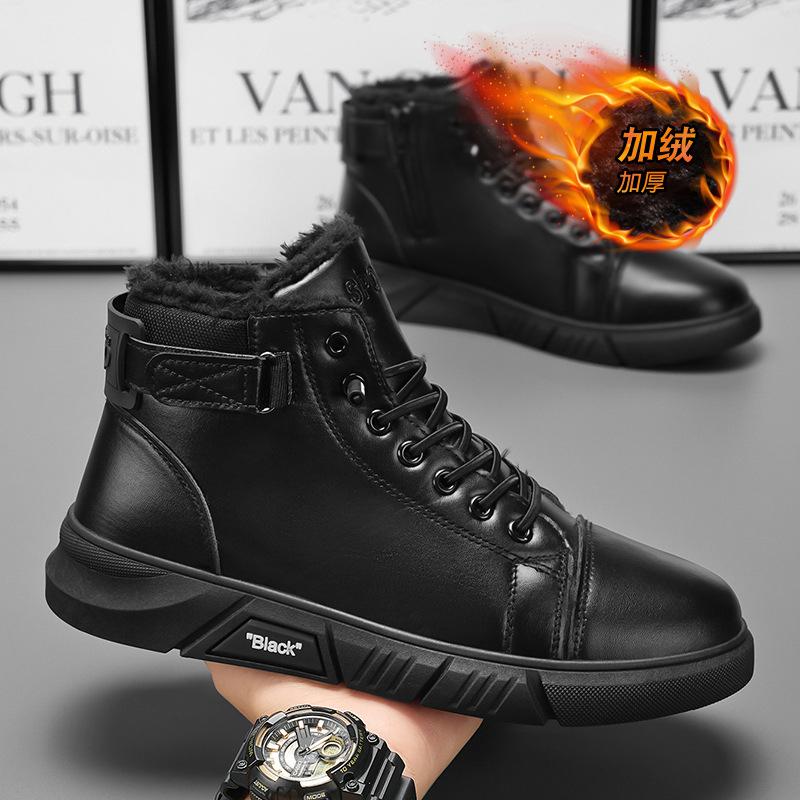 Black Leather Boots for Men Zipper Boots Winter Outdoor Casual Shoes High Top Shoes Man Thick Sole Shoes Motorcycle Ankle Boots