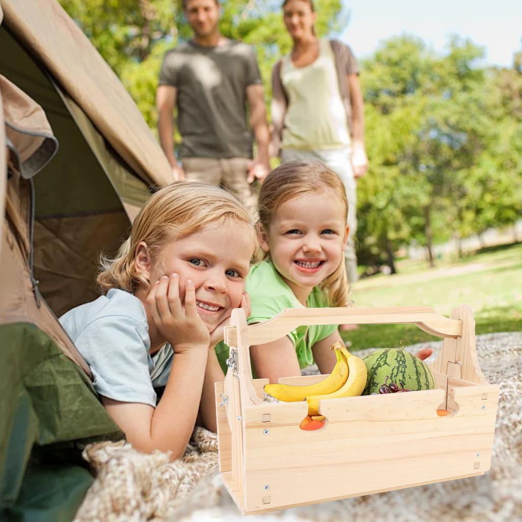 Wooden Folding Picnic Basket Table Outdoor Portable 2 in 1 Vintage with Wine Glass Holder