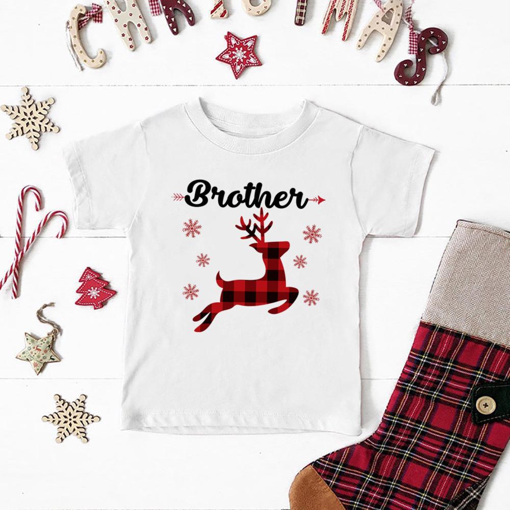 Hirsch Großer Bruder Kleine Schwester Druck Kinder T-Shirt Weihnachtsfeier Jungen Mädchen Outfit Feiertag Geschwister T-Shirt Kind Kurzarm T-Shirt