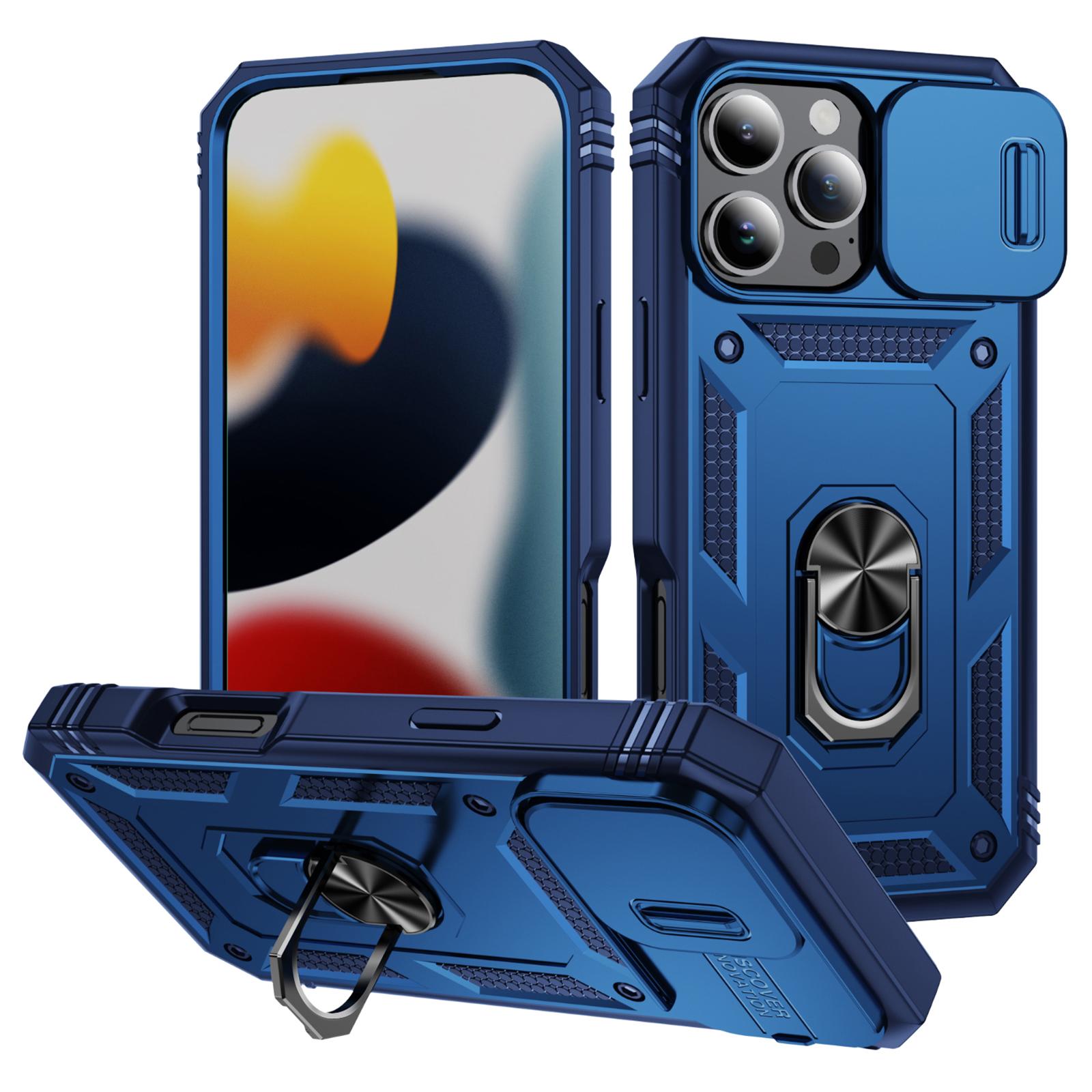 

For iPhone 16 Pro Max Case Sliding Camera Cover Ring Kickstand PC+TPU Phone Shell Sapphire